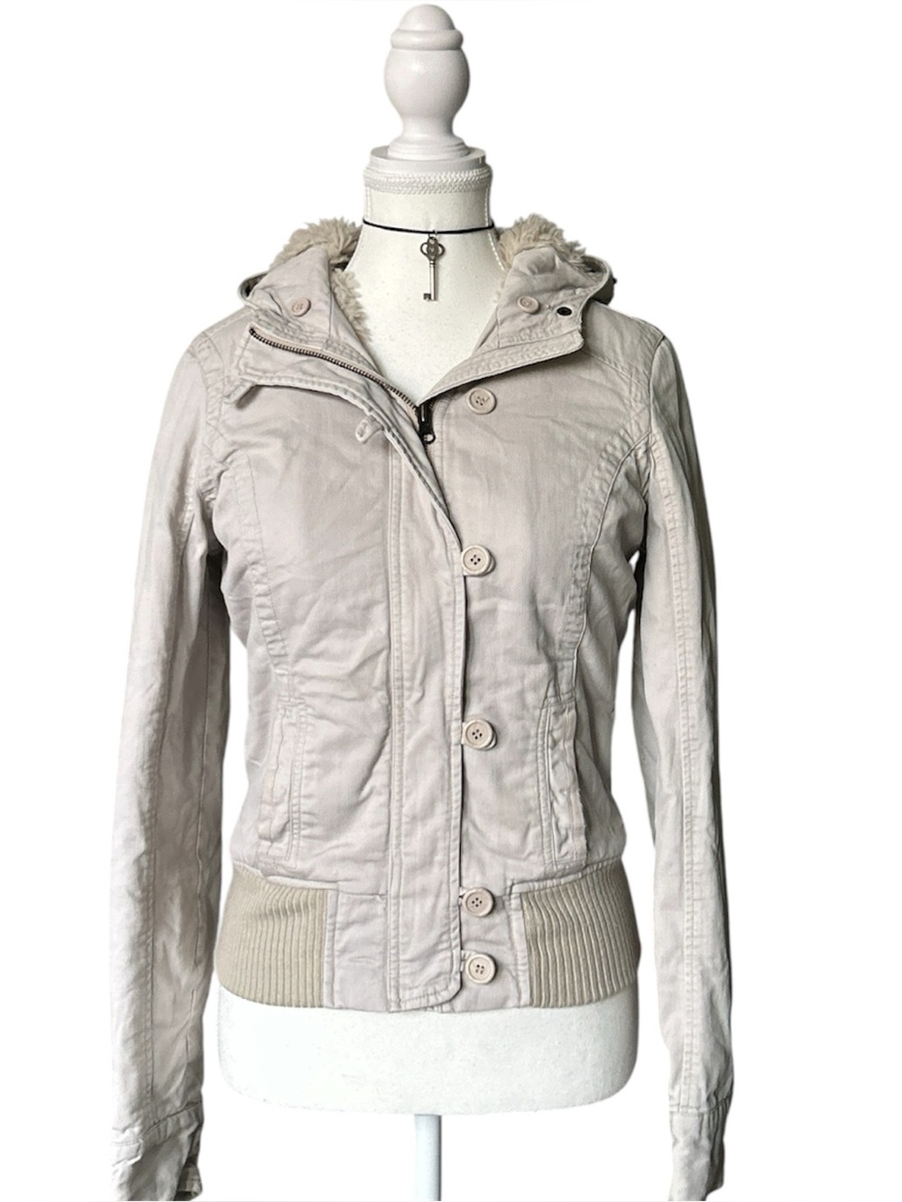 Y2K Coquette “Kismet” Cream Faux Fur Lined Cargo Bomber Style Zip up Jacket